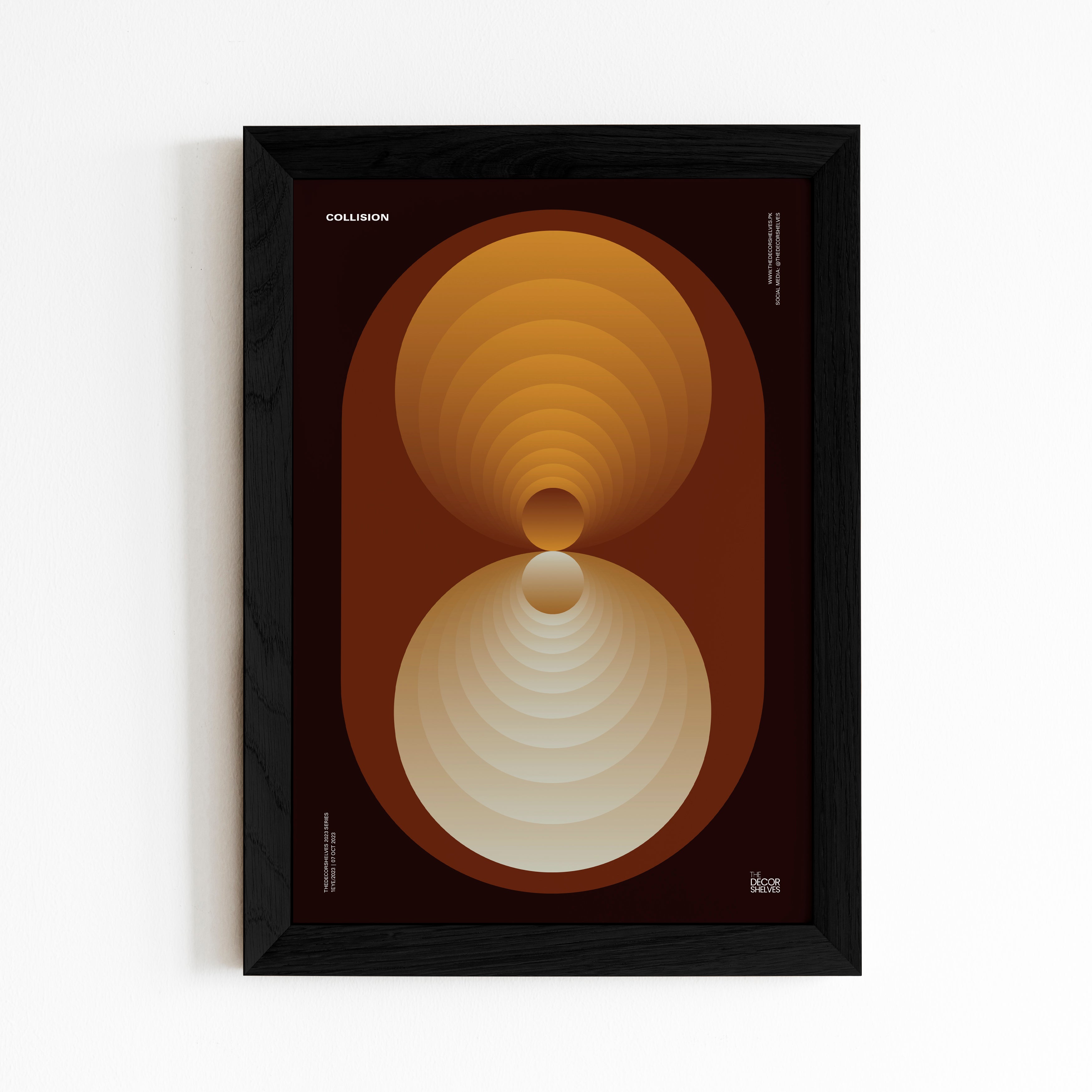 collision, wall frames, poster design, black frame, wall art, abstract art, frames, the decor shelves, home decor, room decor, decor ideas, black and white, geometrical, brown frame, 2024 poster, circles