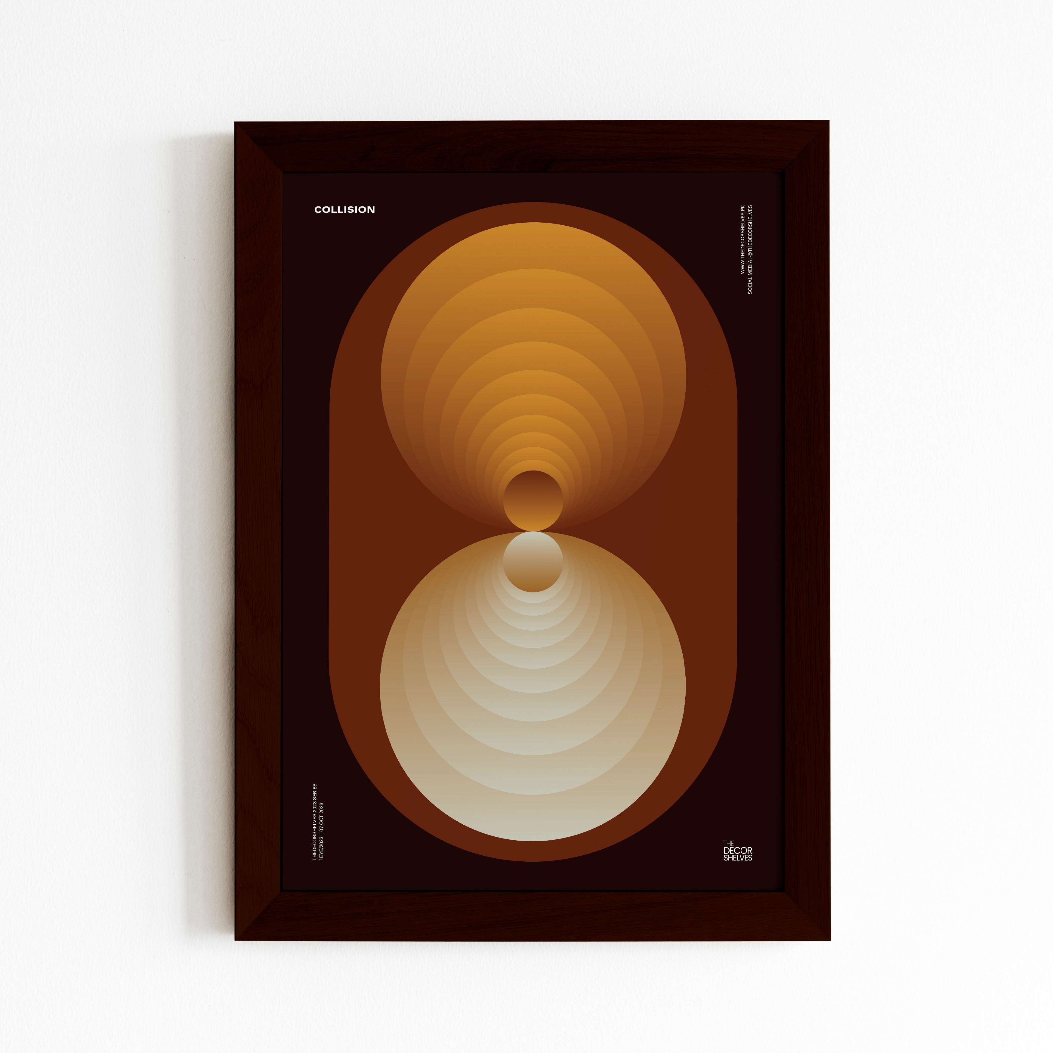 collision, wall frames, poster design, black frame, wall art, abstract art, frames, the decor shelves, home decor, room decor, decor ideas, black and white, geometrical, brown frame, 2024 poster, circles