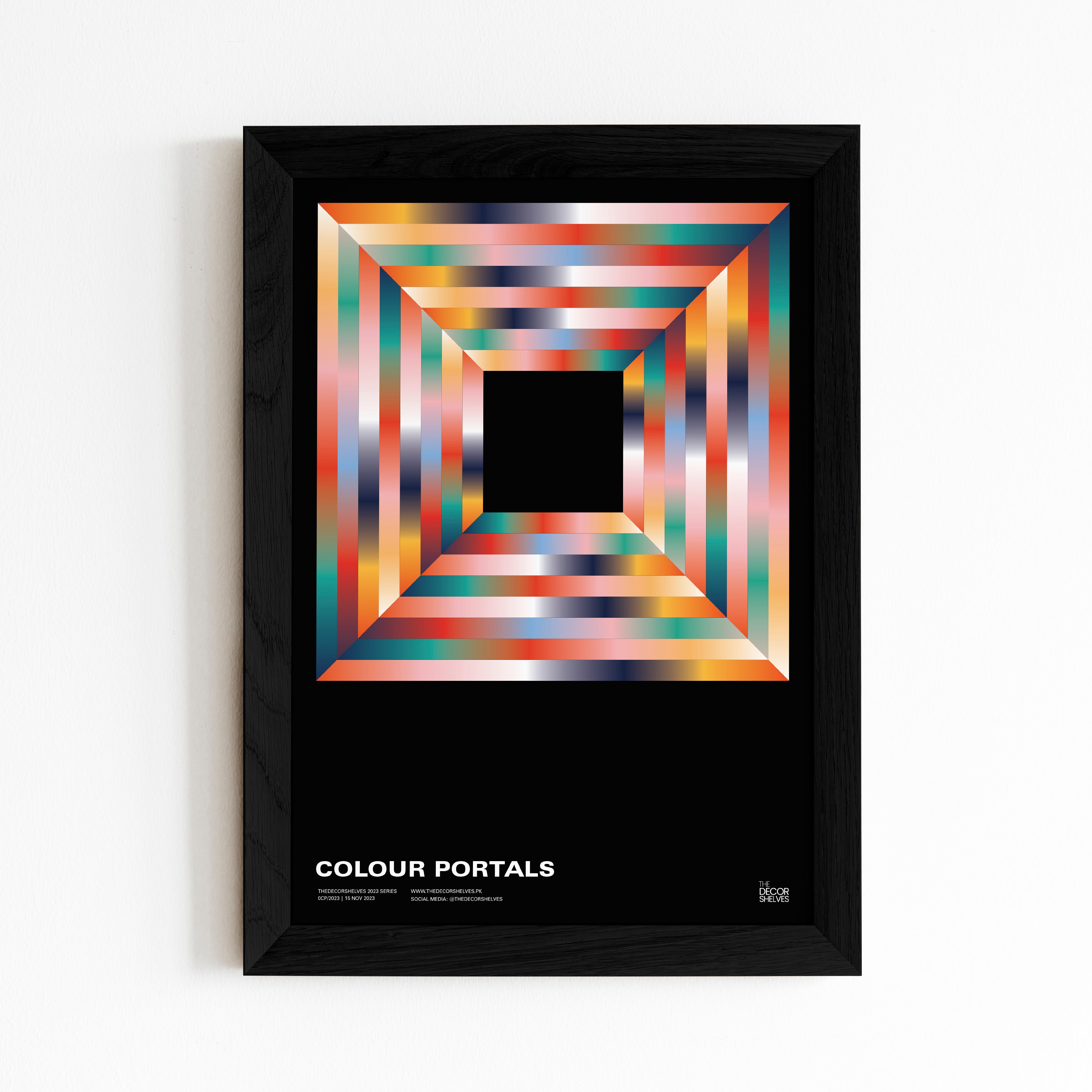 Colour portals, wall frames, poster design, black frame, wall art, abstract art, frames, the decor shelves, home decor, room decor, decor ideas, black and white, geometrical, brown frame, 2024 poster, square, Colour full poster, portals, 2024 color trends, retro design, vintage design, 90s design