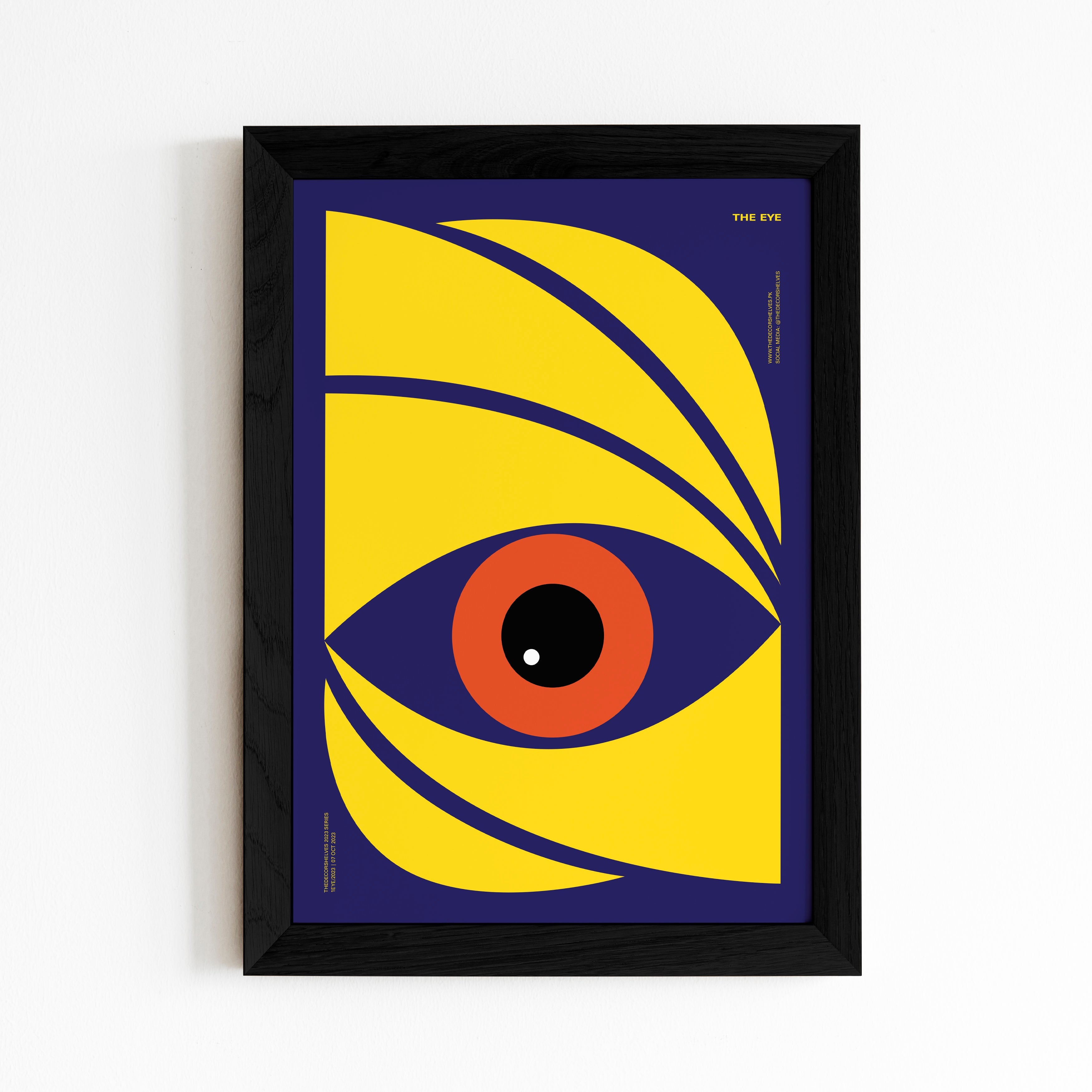 the eye, wall frames, poster design, black frame, wall art, abstract art, frames, the decor shelves, home decor, room decor, decor ideas, black and white, geometrical, brown frame, 2024 poster, circles, Colour full poster, trending posters, digital art, shapes, multi colours, multi colors, minimal art, 90s, 90's, eyes, orange, yellow, purple
