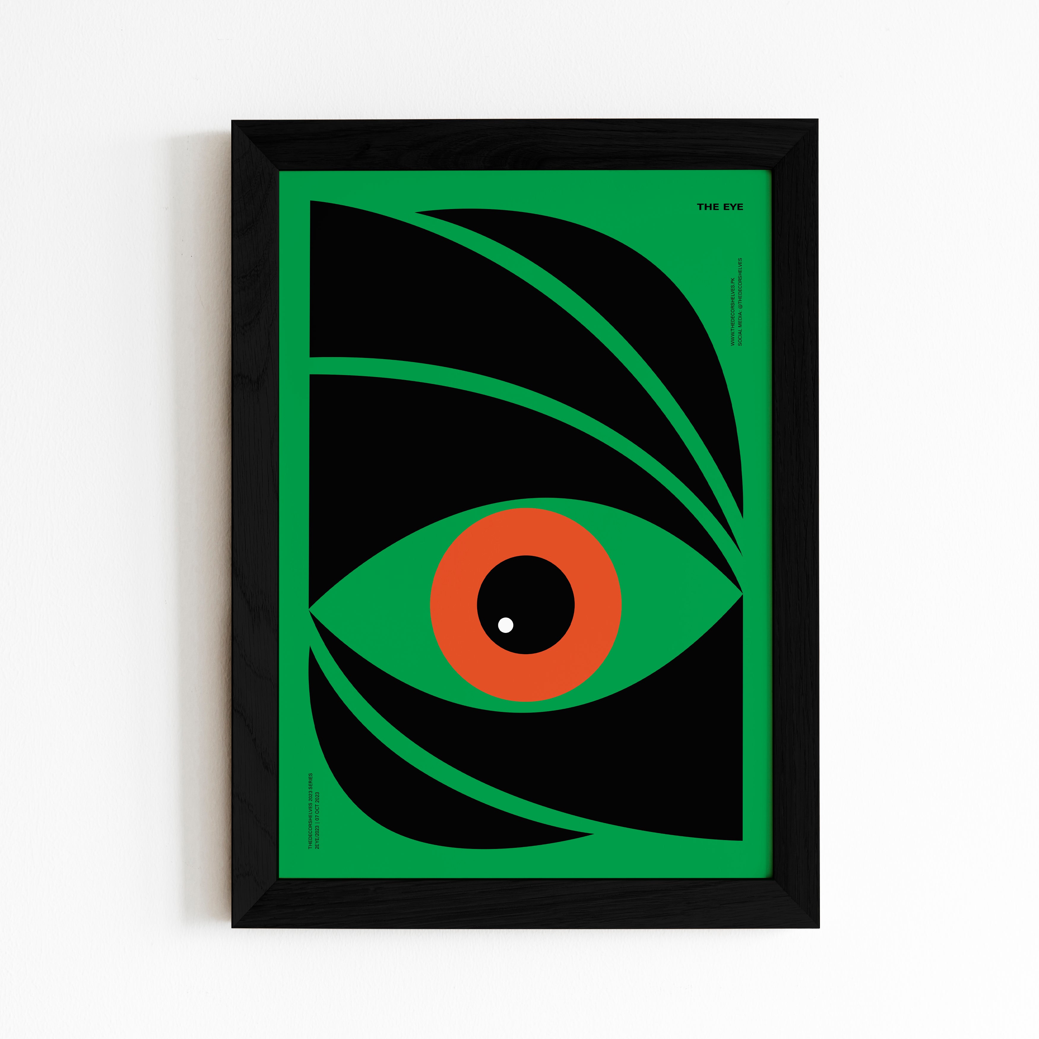 the eye, wall frames, poster design, black frame, wall art, abstract art, frames, the decor shelves, home decor, room decor, decor ideas, black and white, geometrical, brown frame, 2024 poster, circles, Colour full poster, trending posters, digital art, shapes, multi colours, multi colors, minimal art, 90s, 90's, eyes, orange, green, black