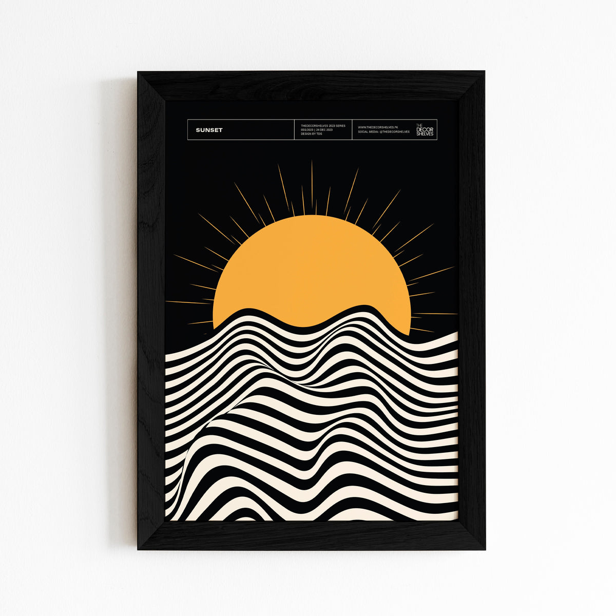 sunset, wall frames, poster design, black frame, wall art, abstract art, frames, the decor shelves, home decor, room decor, decor ideas, black and white, geometrical, brown frame, 2024 poster, circles, Colour full poster, trending posters, digital art, shapes, multi colours, multi colors, minimal art, 90s, 90's,  circles in row, color circles, sun, waves, river