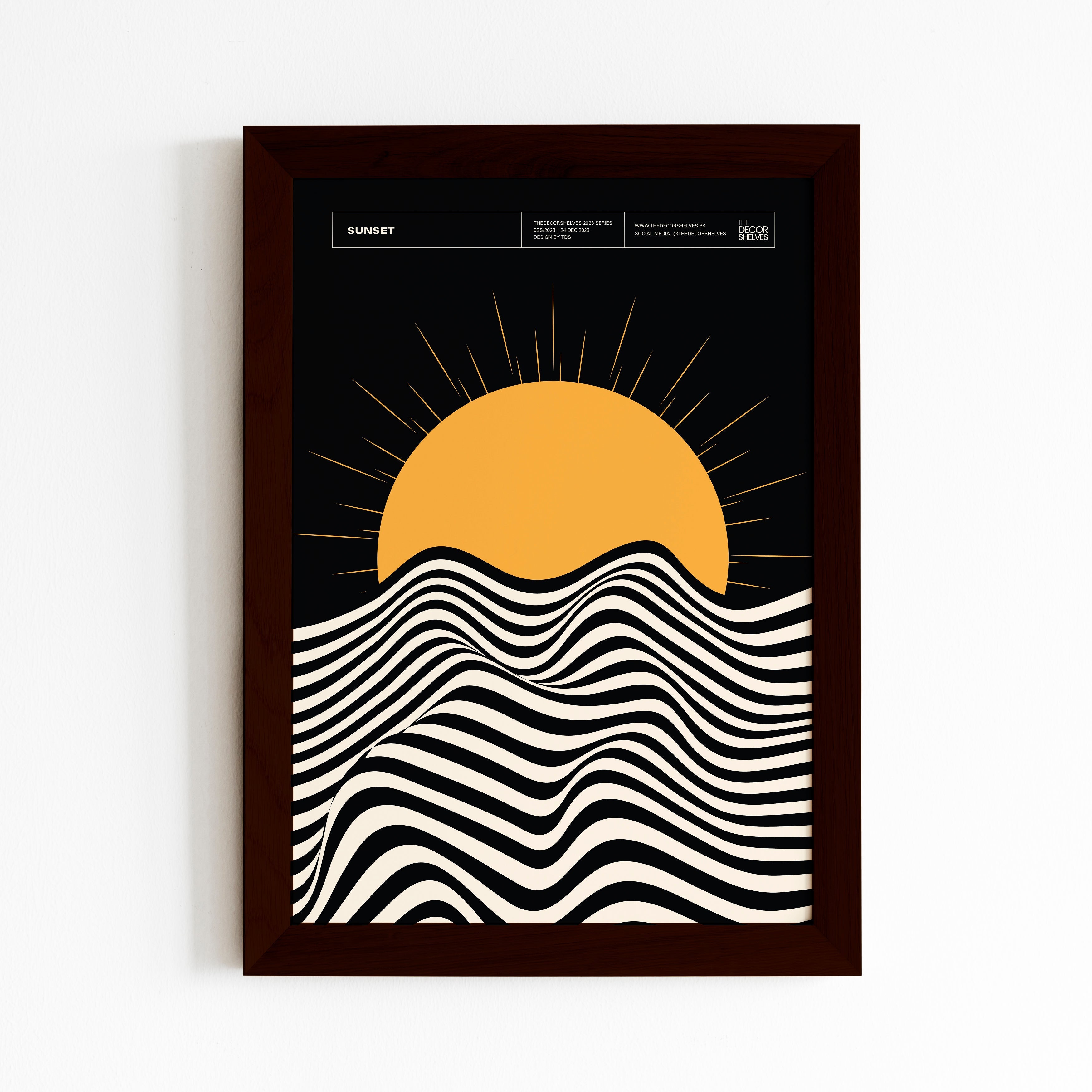 sunset, wall frames, poster design, black frame, wall art, abstract art, frames, the decor shelves, home decor, room decor, decor ideas, black and white, geometrical, brown frame, 2024 poster, circles, Colour full poster, trending posters, digital art, shapes, multi colours, multi colors, minimal art, 90s, 90's,  circles in row, color circles, sun, waves, river